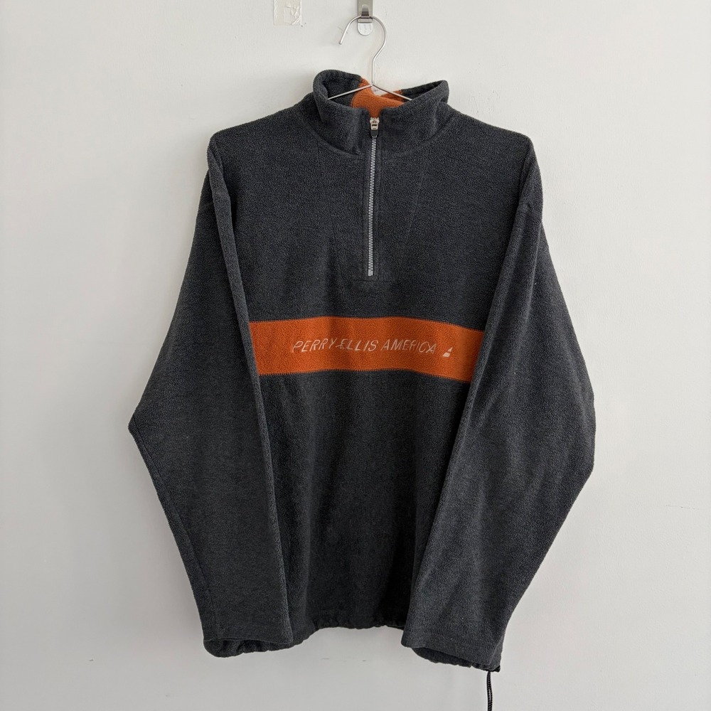 Perry Ellis America Active Mens Quarter Zip Fleece Pullover Gray Orange Medium